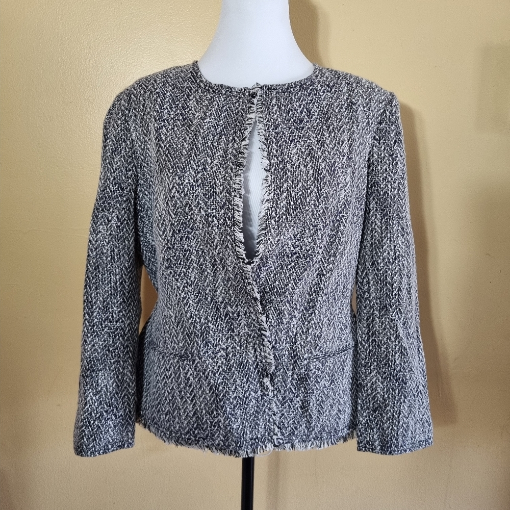 ANN TAYLOR XL JACKET Blazer FRINGE TWEED Long Sleeve Pockets Lined Collarless L